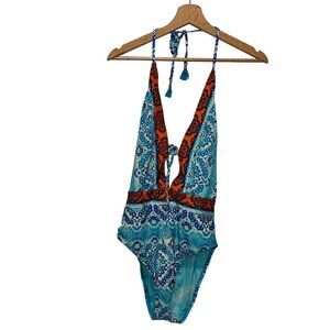 La Blanca Mix Plunge Paisley Print One-Piece Halter Swimsuit Women's Size Small